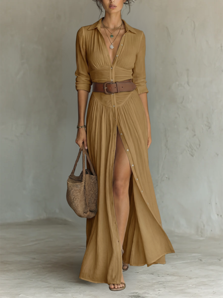 Vestido maxi de mujer con cuello camisero y manga larga