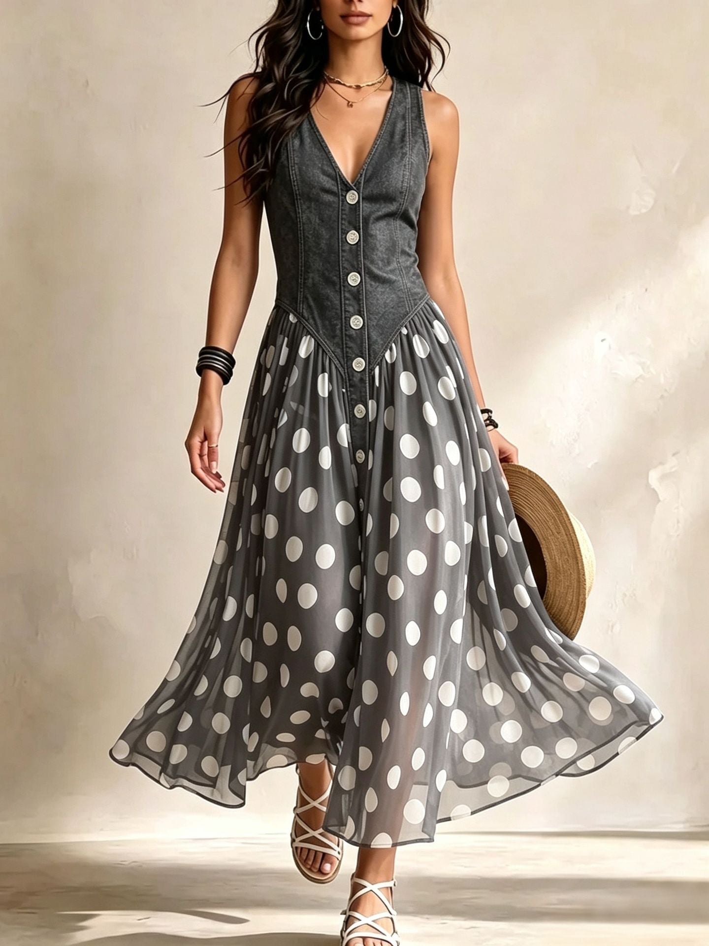 Adela | Vestido Largo Denim de Lunares
