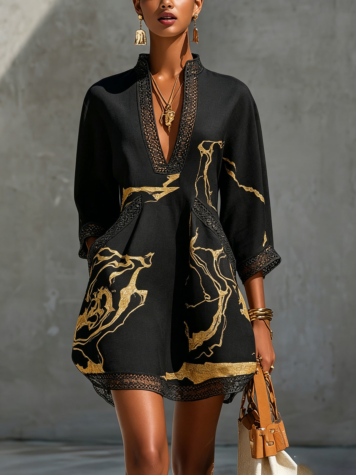 Donatella | Minivestido con estampado de mármol dorado y detalle calado