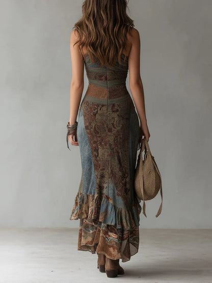 Elena | Vestido largo asimétrico con estampado étnico