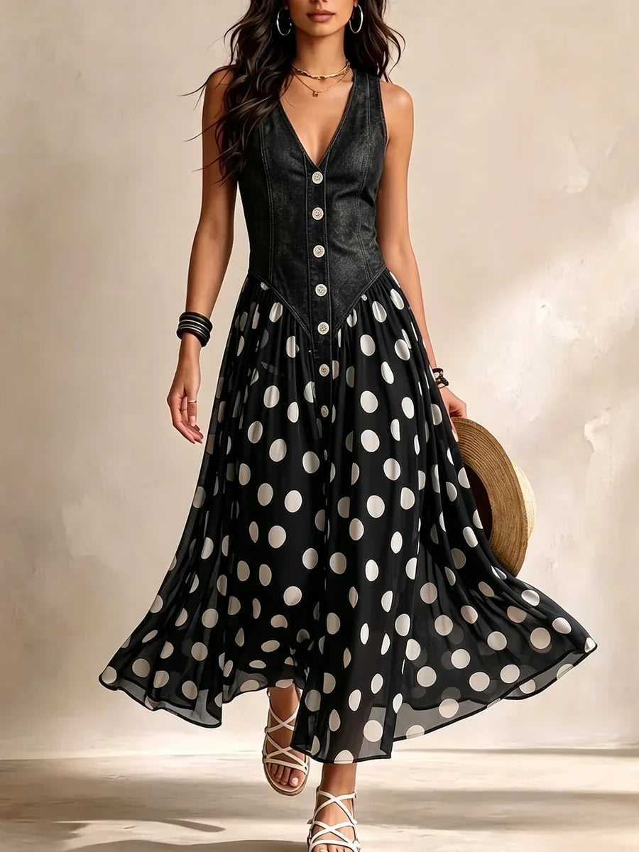 Adela | Vestido Largo Denim de Lunares