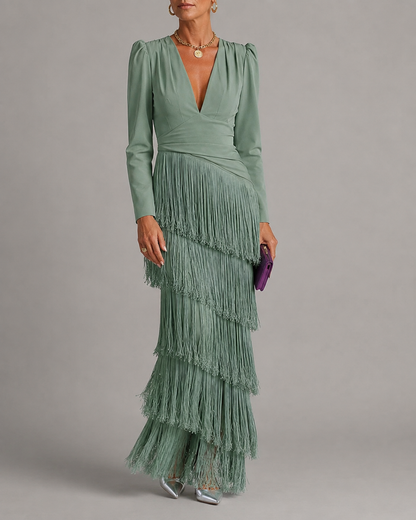 Clara - Vestido midi elegante con mangas de flecos