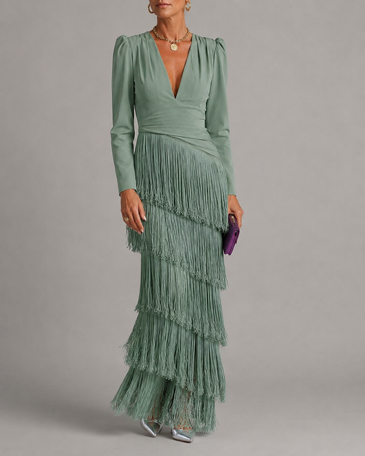Clara - Vestido midi elegante con mangas de flecos
