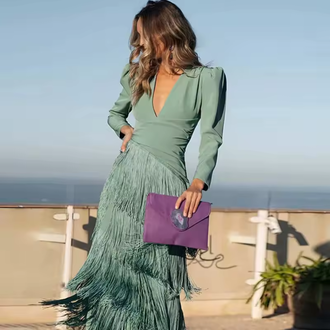 Clara - Vestido midi elegante con mangas de flecos