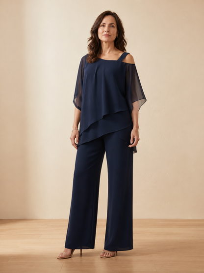 Annie - Conjunto elegante de gasa con top asimétrico y pantalón ancho