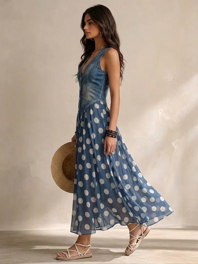 Adela | Vestido Largo Denim de Lunares