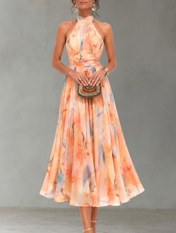 Aurora | Vestido largo plisado con estampado acuarela