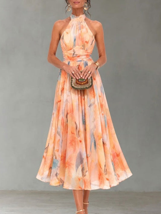 Aurora | Vestido largo plisado con estampado acuarela