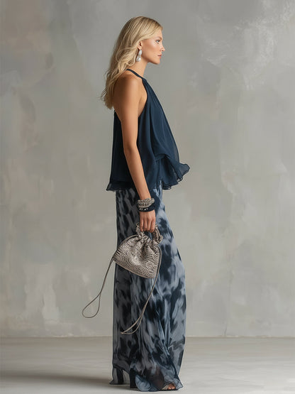 Lilla - Conjunto elegante con top de cuello alto y pantalón fluido estampado