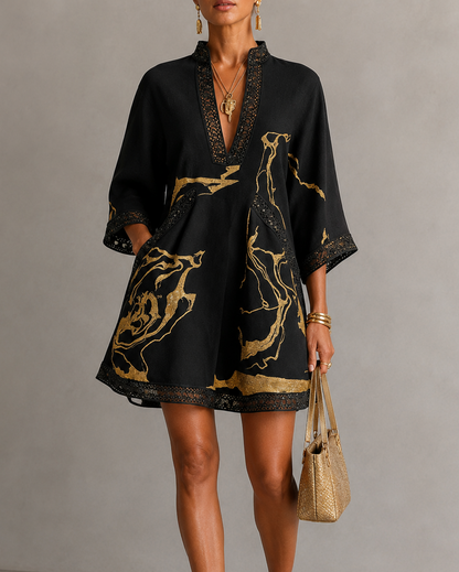 Donatella | Minivestido con estampado de mármol dorado y encaje de ganchillo