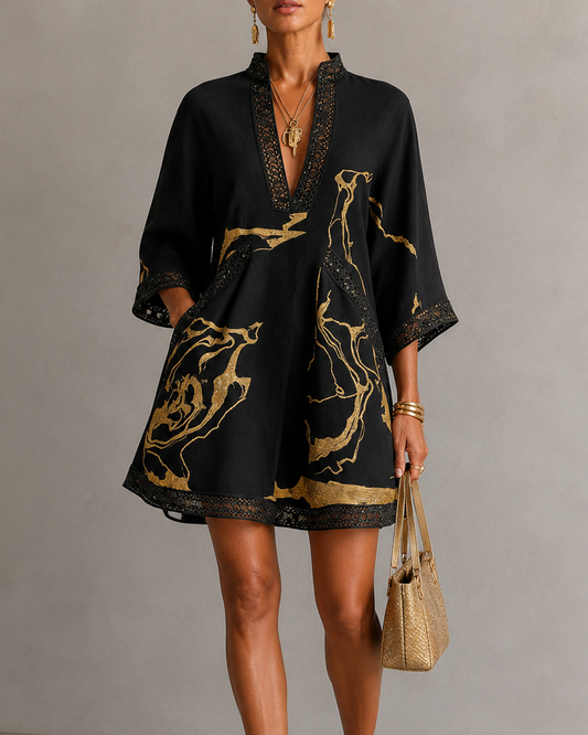 Donatella | Minivestido con estampado de mármol dorado y encaje de ganchillo