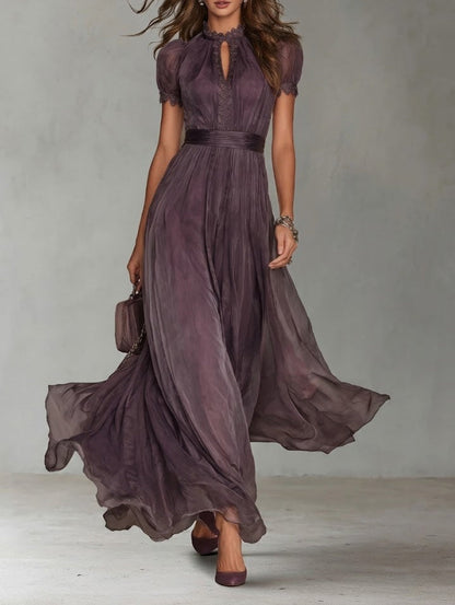 Flavia | Vestido largo de chiffon con encaje y escote lágrima
