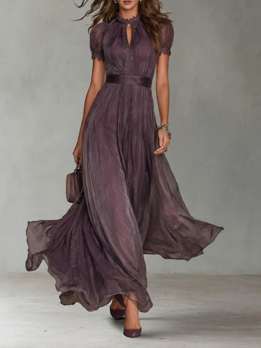 Flavia | Vestido largo de chiffon con encaje y escote lágrima
