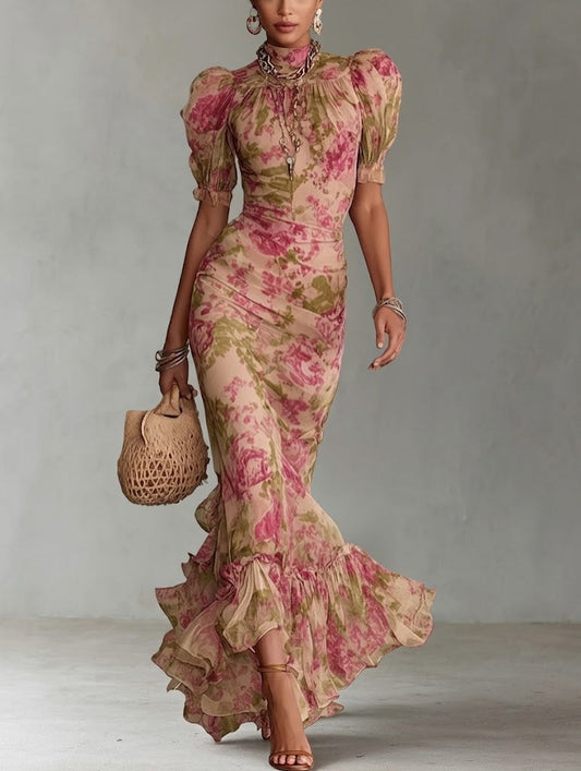 Fiora | Vestido largo floral con mangas abullonadas