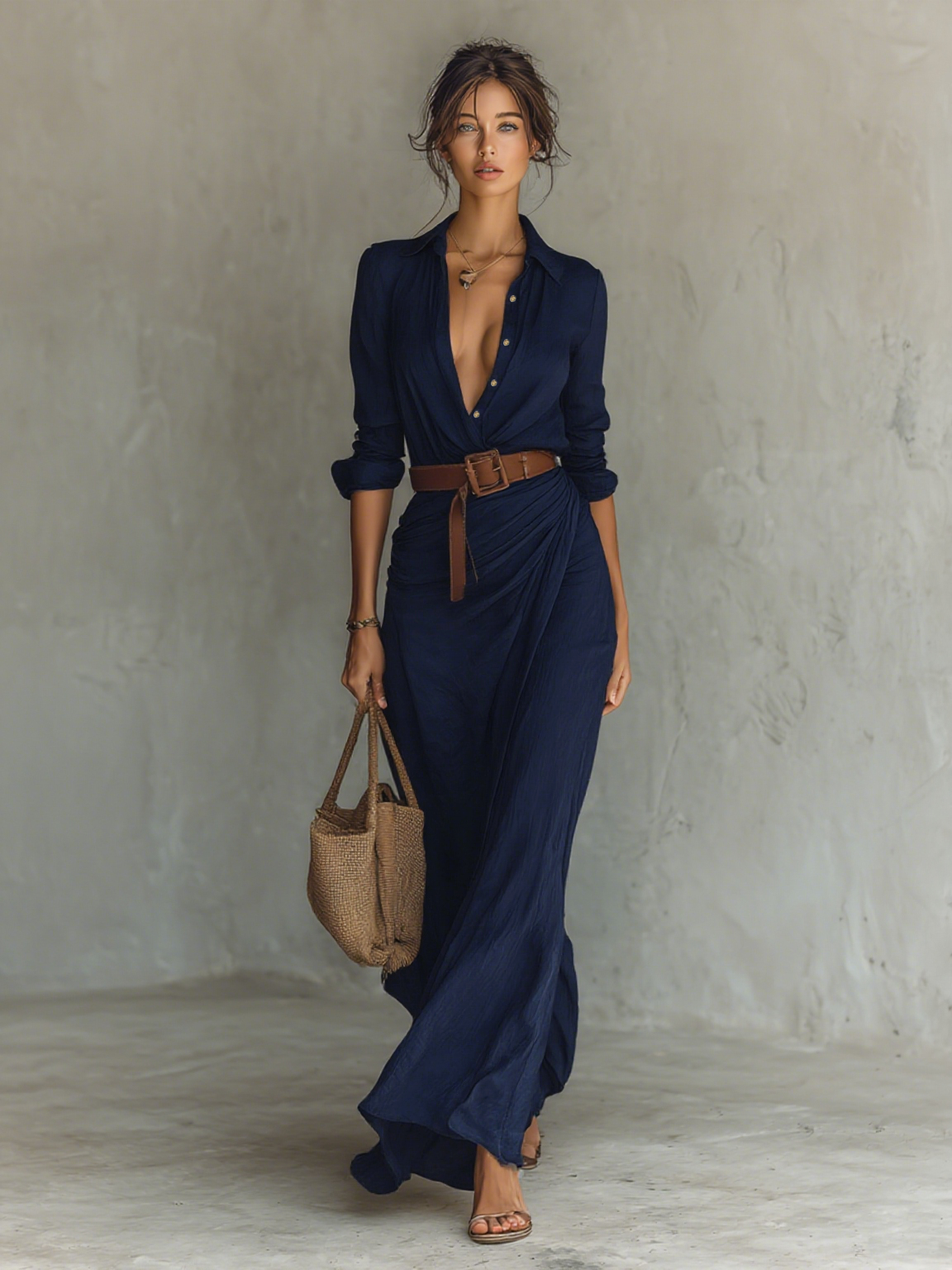 Vestido largo camisero con cuello solapa y cinturón