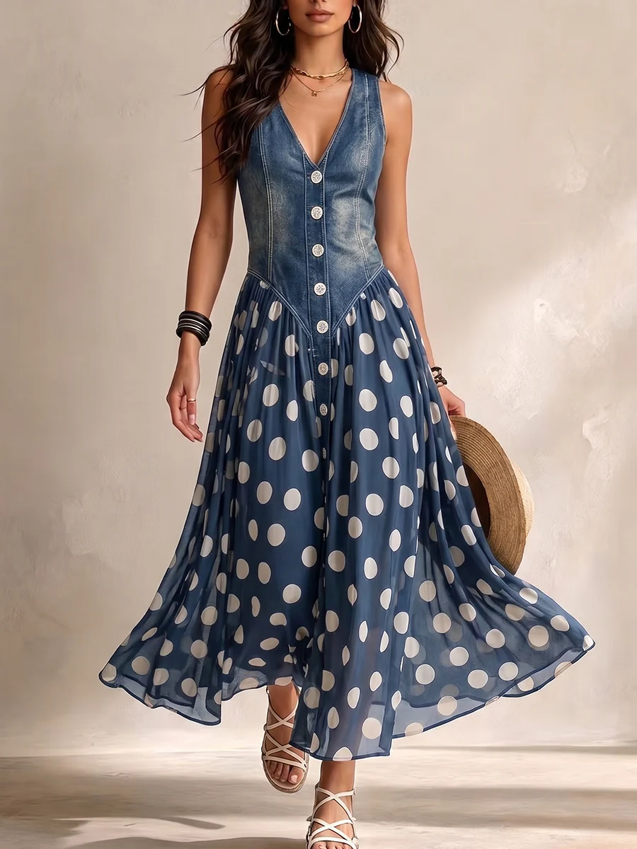 Adela | Vestido Largo Denim de Lunares