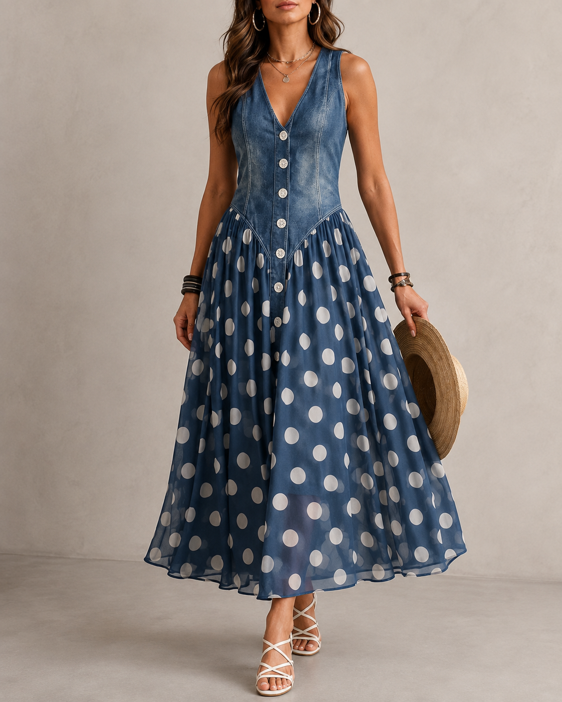 Adela | Vestido Largo Denim de Lunares