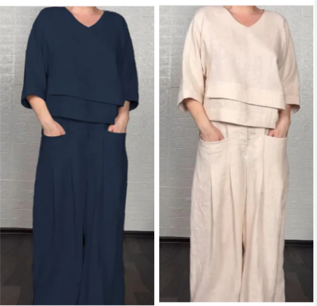 Liza - Conjunto de algodón de 2 piezas con escote en V y pantalón de pierna ancha