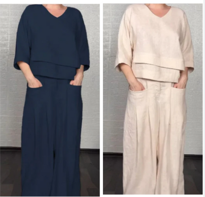 Liza - Conjunto de algodón de 2 piezas con escote en V y pantalón de pierna ancha