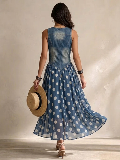 Adela | Vestido Largo Denim de Lunares