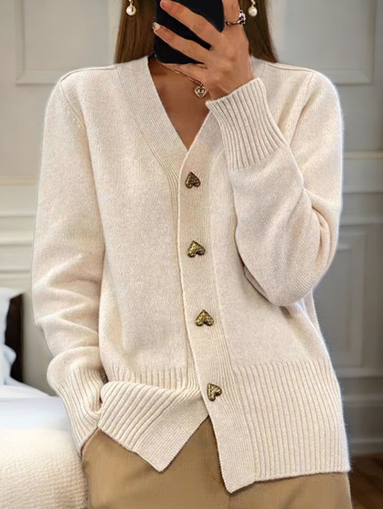 Marie - Cárdigan elegante de punto suave con botones dorados en forma de corazón