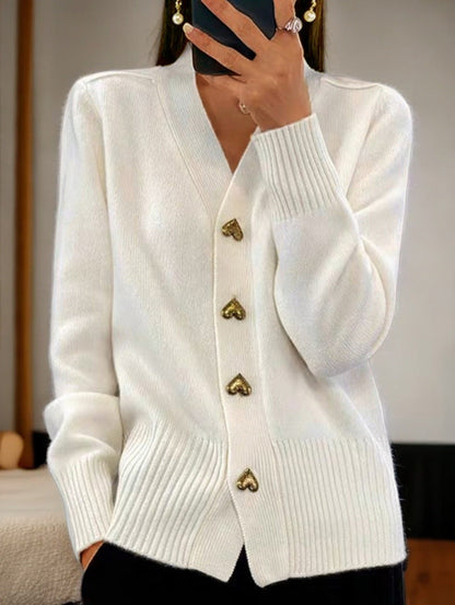Marie - Cárdigan elegante de punto suave con botones dorados en forma de corazón
