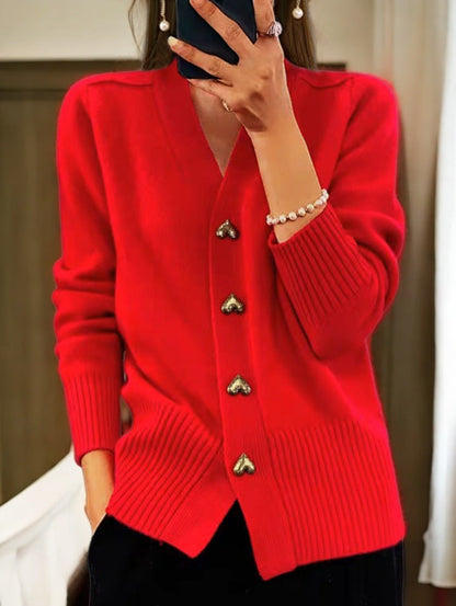 Marie - Cárdigan elegante de punto suave con botones dorados en forma de corazón