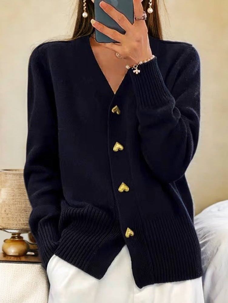 Marie - Cárdigan elegante de punto suave con botones dorados en forma de corazón