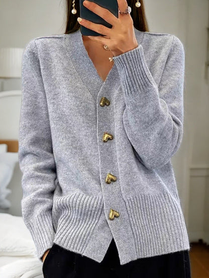 Marie - Cárdigan elegante de punto suave con botones dorados en forma de corazón