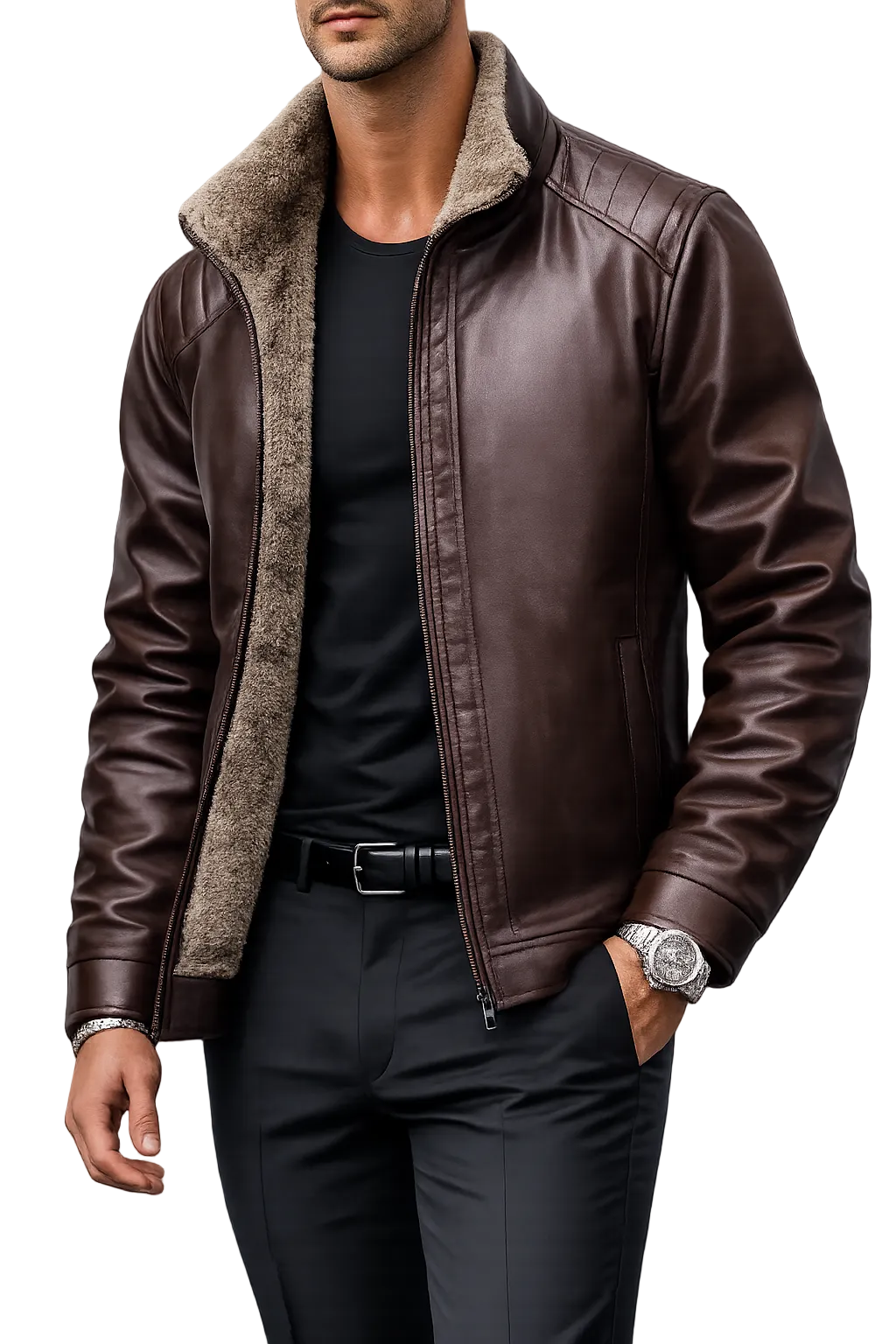 Juan - Chaqueta de cuero - Estilo moderno con interior afelpado