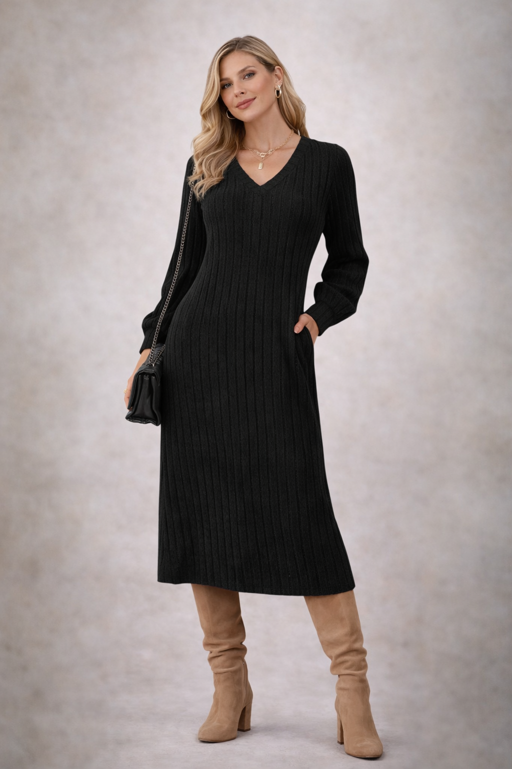 Sofía - Vestido de invierno de punto acanalado con escote en V