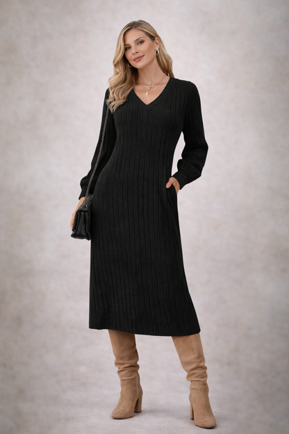 Sofía - Vestido de invierno de punto acanalado con escote en V