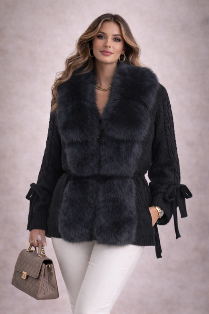 Yasi - Cardigan de lana con cuello de piel auténtica negro