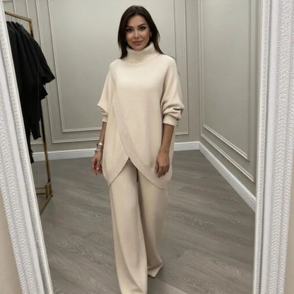 Giulia - Conjunto elegante con jersey asimétrico cruzado y pantalón fluido