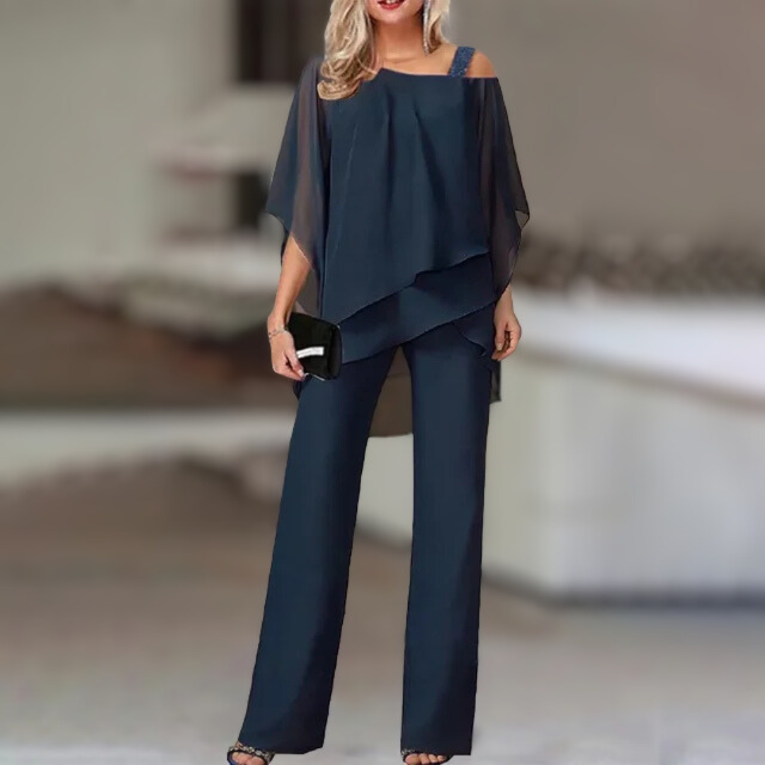 Annie - Conjunto elegante de gasa con top asimétrico y pantalón ancho