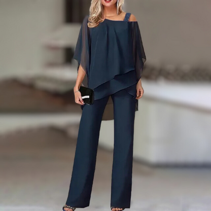 Annie - Conjunto elegante de gasa con top asimétrico y pantalón ancho