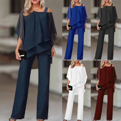 Annie - Conjunto elegante de gasa con top asimétrico y pantalón ancho