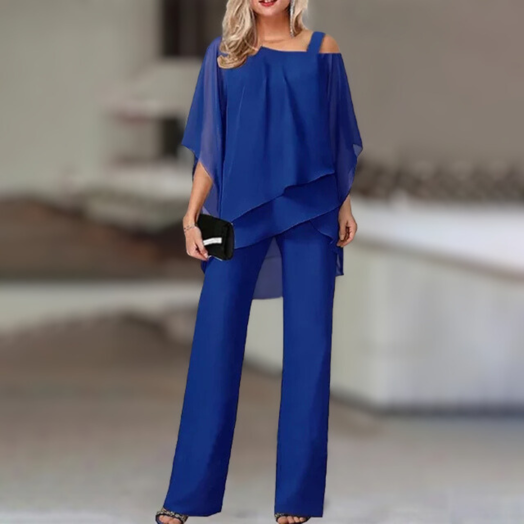 Annie - Conjunto elegante de gasa con top asimétrico y pantalón ancho