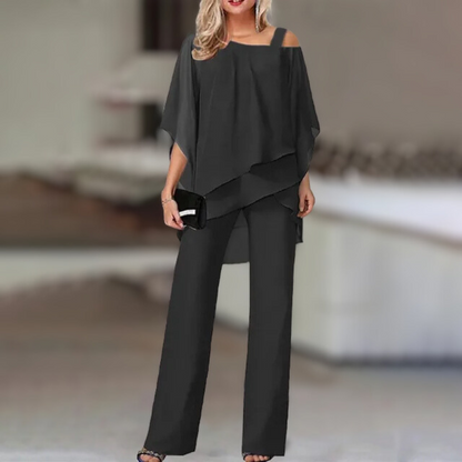 Annie - Conjunto elegante de gasa con top asimétrico y pantalón ancho