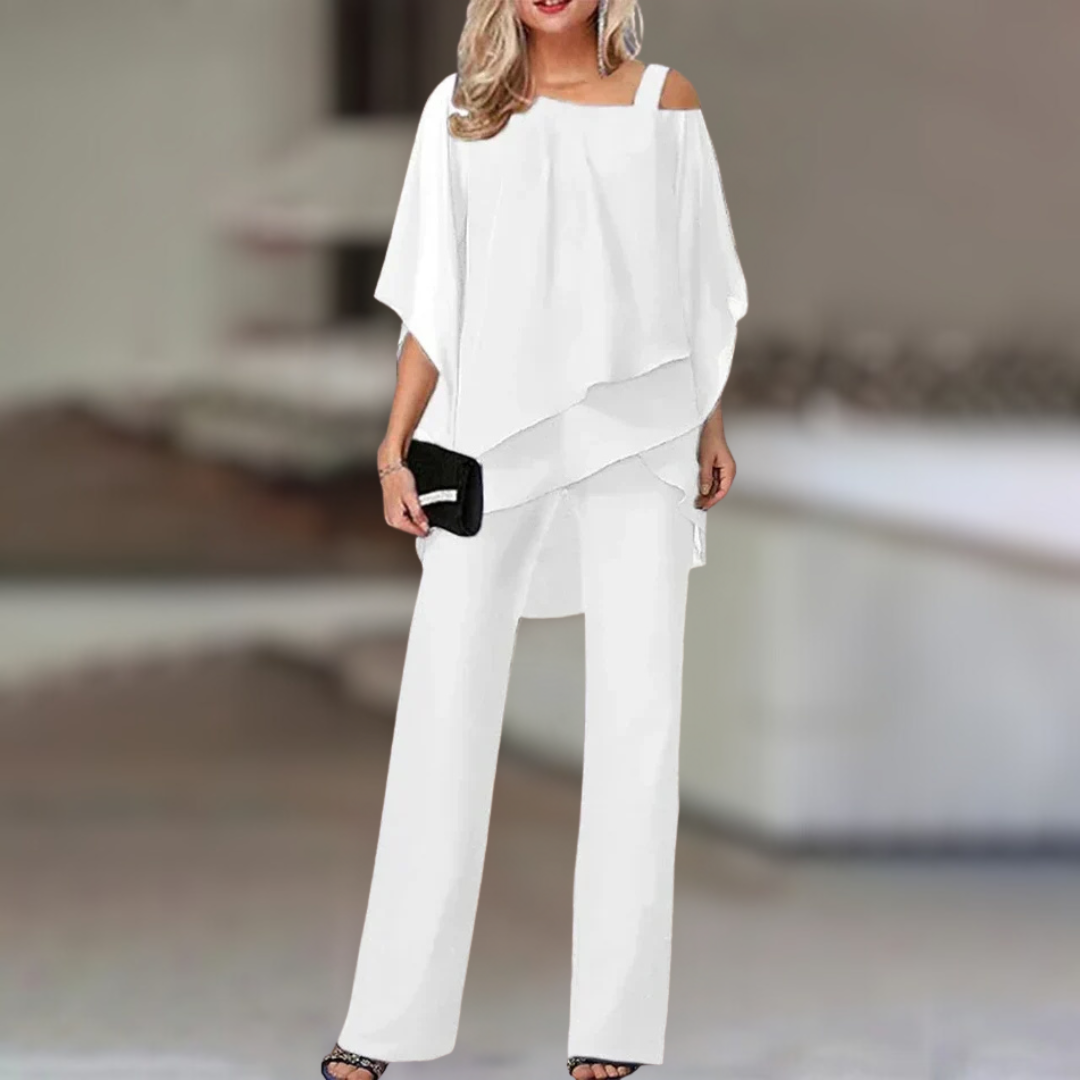 Annie - Conjunto elegante de gasa con top asimétrico y pantalón ancho