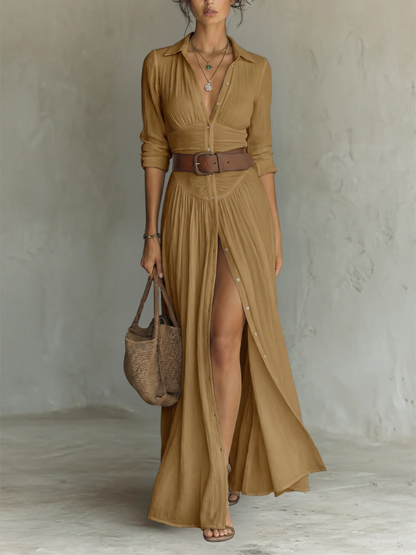 Vestido maxi de mujer con cuello camisero y manga larga