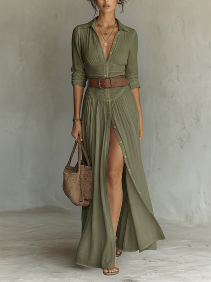 Vestido maxi de mujer con cuello camisero y manga larga