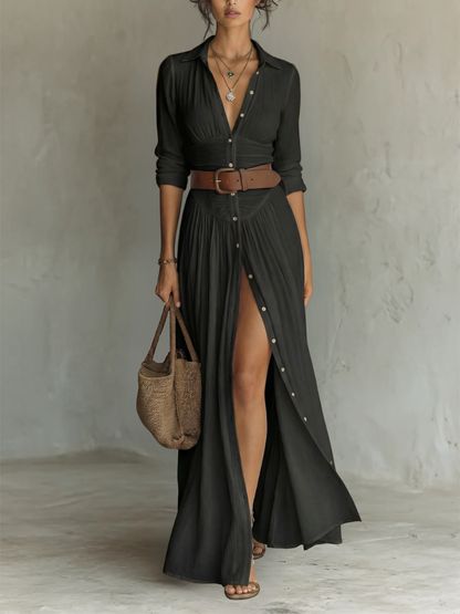 Vestido maxi de mujer con cuello camisero y manga larga