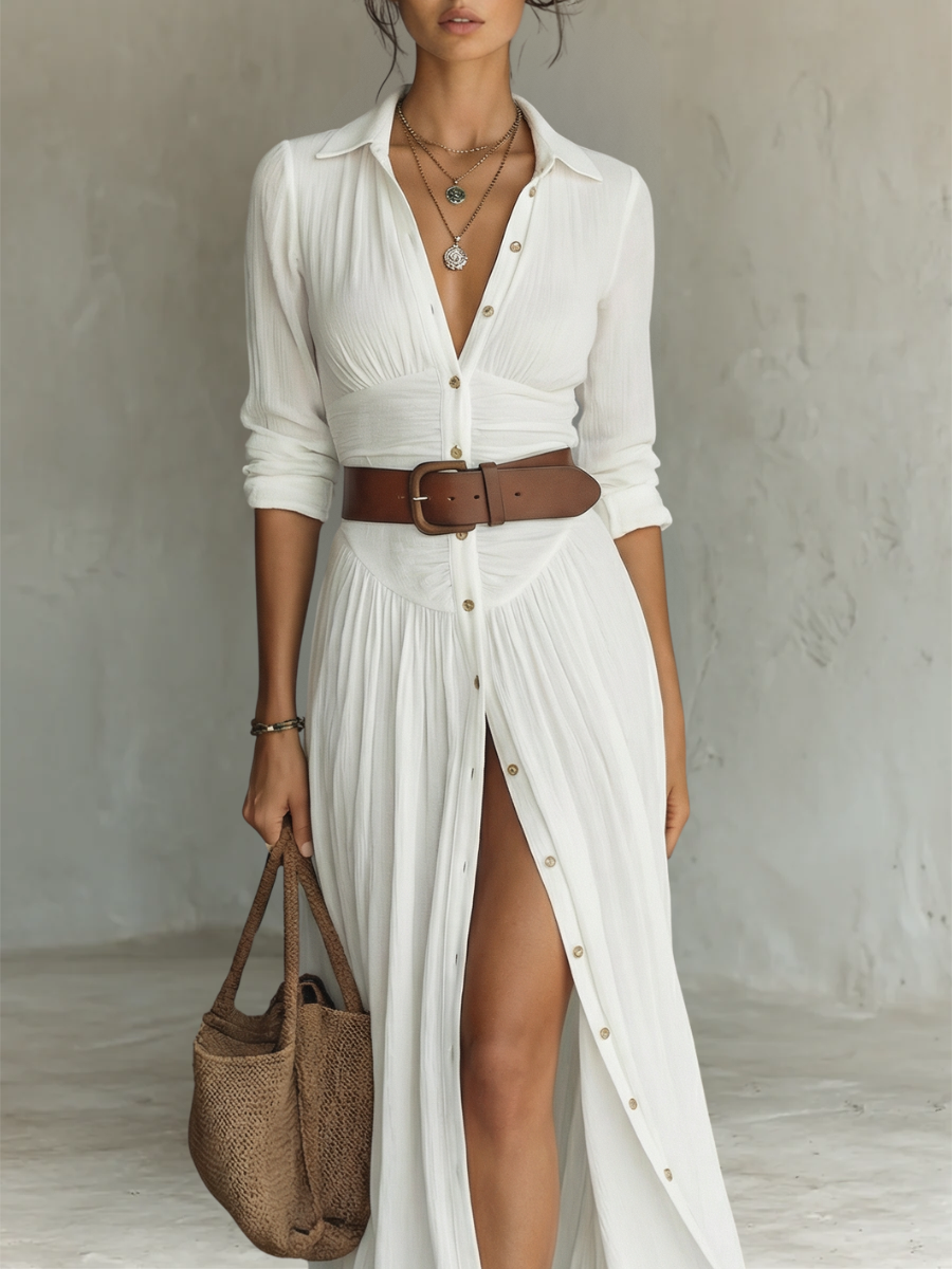 Vestido maxi de mujer con cuello camisero y manga larga
