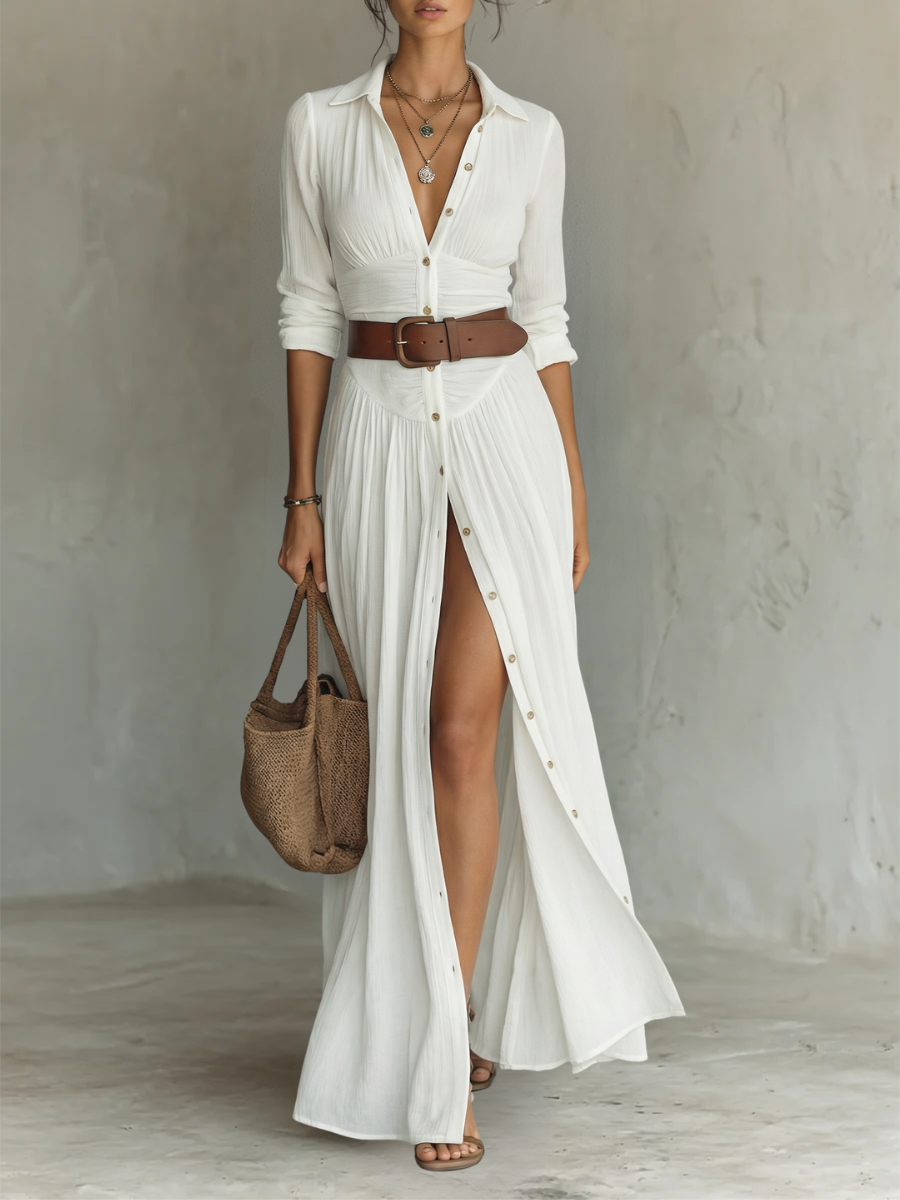 Vestido maxi de mujer con cuello camisero y manga larga