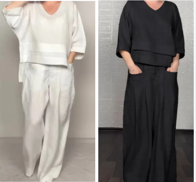 Liza - Conjunto de algodón de 2 piezas con escote en V y pantalón de pierna ancha