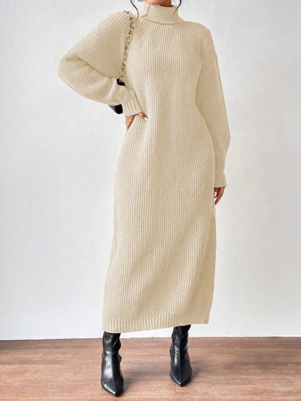 Helena - Vestido largo de invierno de punto acanalado con cuello alto