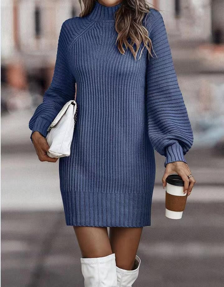 Martina - Vestido de invierno de punto acanalado con cuello alto
