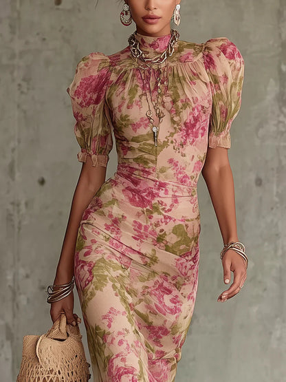 Fiora | Vestido largo floral con mangas abullonadas