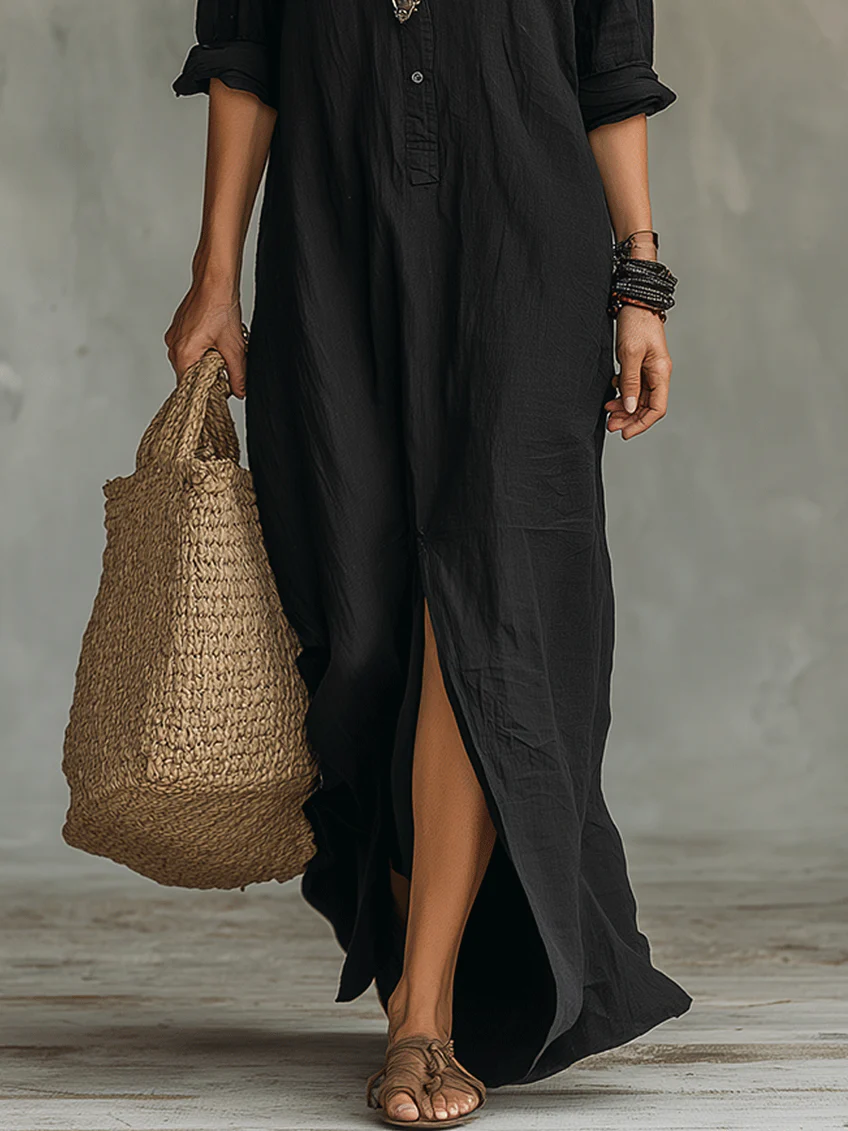 Soline™ | Vestido largo negro holgado con botones